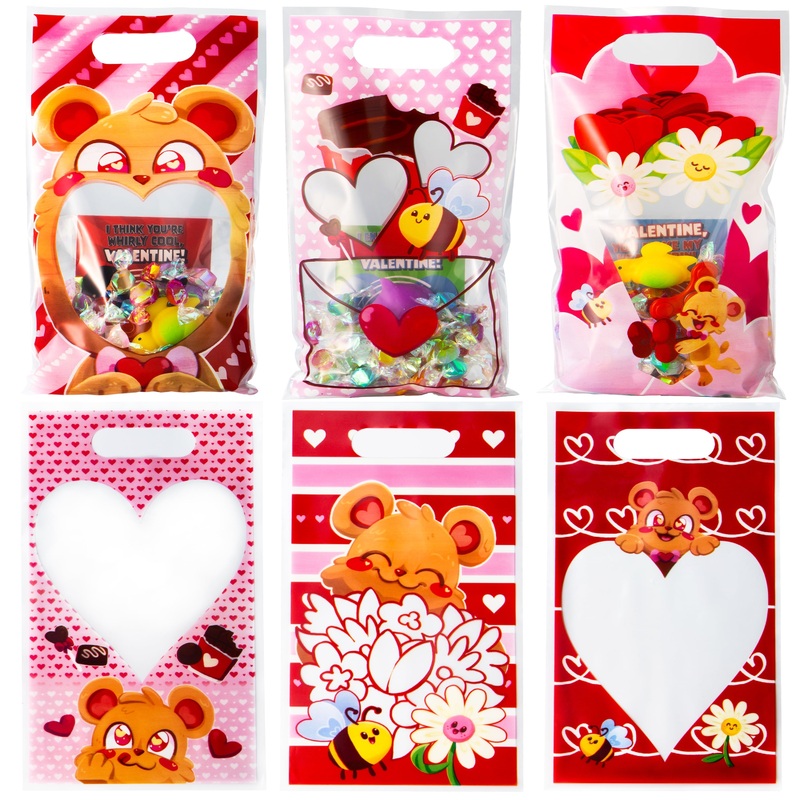 48 Pcs Valentines Day Gift Bag Plastic Treat Bags, Cellophane Candy Bags in 6 Designs with Heart Shaped Window for Kids Valentine Party Favor Supplies, Classroom Gift Exchange Goodie Bags
