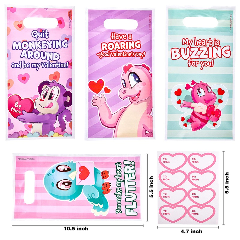 48 Pcs Valentines Day Gift Bags Valentine Goodies Bag for Kids Party Favor Supplies Valentines Treat Bags including To and From stickers