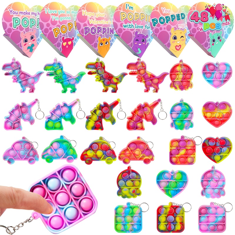 48pcs Valentines Day Cards with Pop Fidget Keychain Toys, Stress Relief Fidget for Kids with Heart Boxes, Valentines School Class Exchange Gifts Party Favors