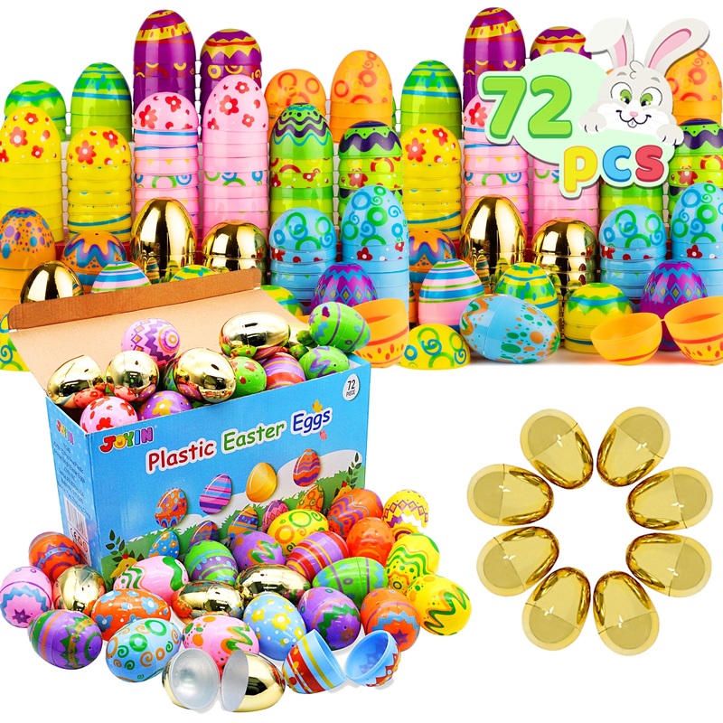 72Pcs 3" Plastic Printed Easter Egg with Golden Eggs for Easter Egg Hunt Event, Party Favor Goodie Bags, Scene and Decoration, School Classroom Prizes