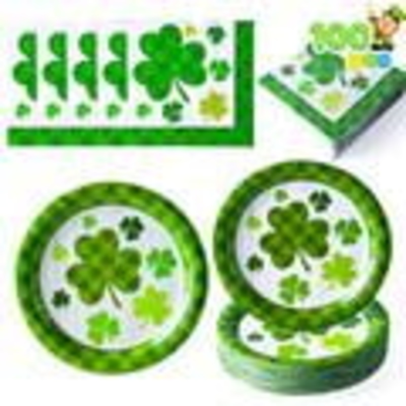 A set of 100 St. Patrick's Day plates and napkins, accommodating 50 pieces. 50 green clover checkered plates and 50 green clover checkered paper napkins, designed with clover