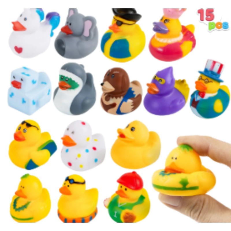 Joyfy 15 Pcs Rubber Ducks, Random Assortment Mini Rubber Duckie Toys with Mesh Carry Bag for Kids Baby Bath Shower Toys, Birthday Gifts, Summer Beach Pool Activity, Party Favors