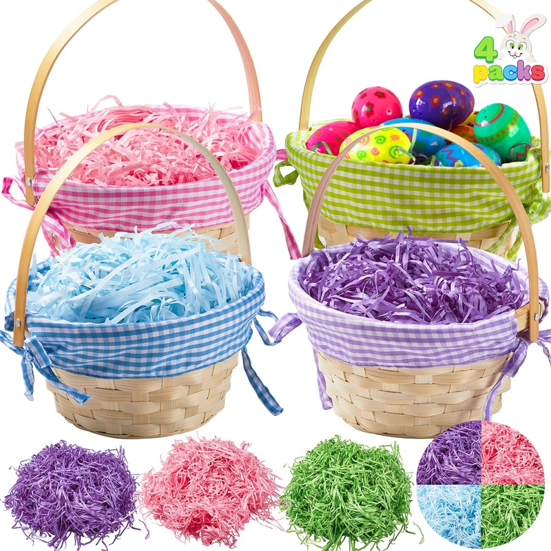JOYFY 4 Easter Gift Woven Basket with Handle and Easter Papyrus Silk in 4 Colors for Easter Egg Hunting