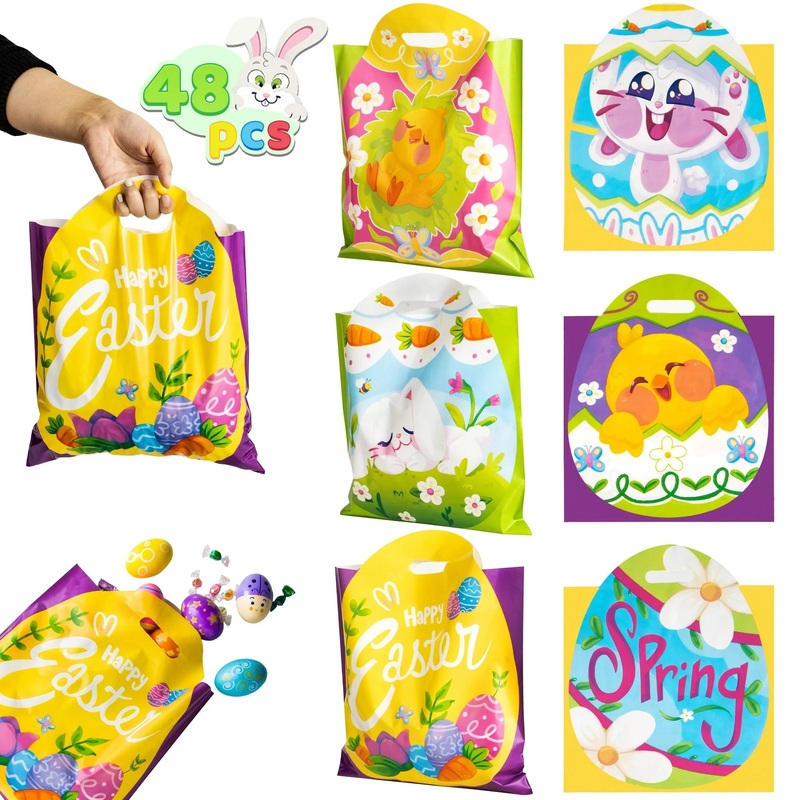 Joyfy 48 Pcs Easter Gift PE Bags for Kids, Large Easter Treat Tote Bags with Egg Shape, Easter Goodie Bags Party Favor, Easter Egg Hunt