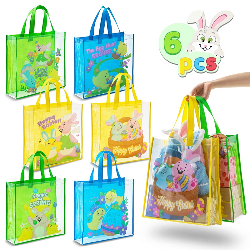 Joyfy 6 Pcs Easter Gift Bags for Kids, Large Goodie Reusable Tote Treat Bags with Handles for Easter Egg Hunt, Easter Party Favors Supplies