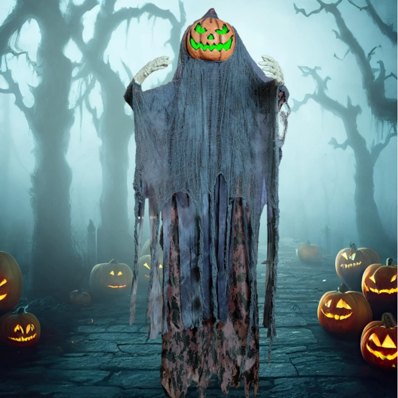 Joyfy Halloween Decorations Outdoor,67" Light Up Animated Scary Decorations Pumpkin Ghost with Sound Activation,Animatronics Pumpkin Decorations for Haunted House Prop Yard Decor