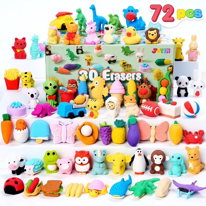 JOYIN 72 Pcs 3D Erasers for Kids, Food & Animals Erasers Bulk, Fun & Cute Mini Erasers for Pencil, Desk Pets, Classroom Prize, Birthday Party Favors, Treasure Box Toys, Gifts for Boys Girls