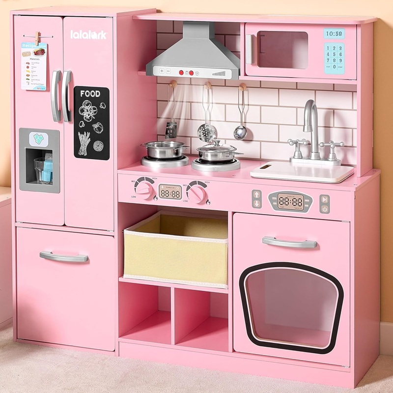 Lalalark Pink Pretend Play Kitchen Set for Kids, Wooden Toy Kitchen Playset with Real Lights & Sounds, Double-Door Fridge, Ice Maker & Cookware Accessories, Best Christmas Gift for Ages 3+