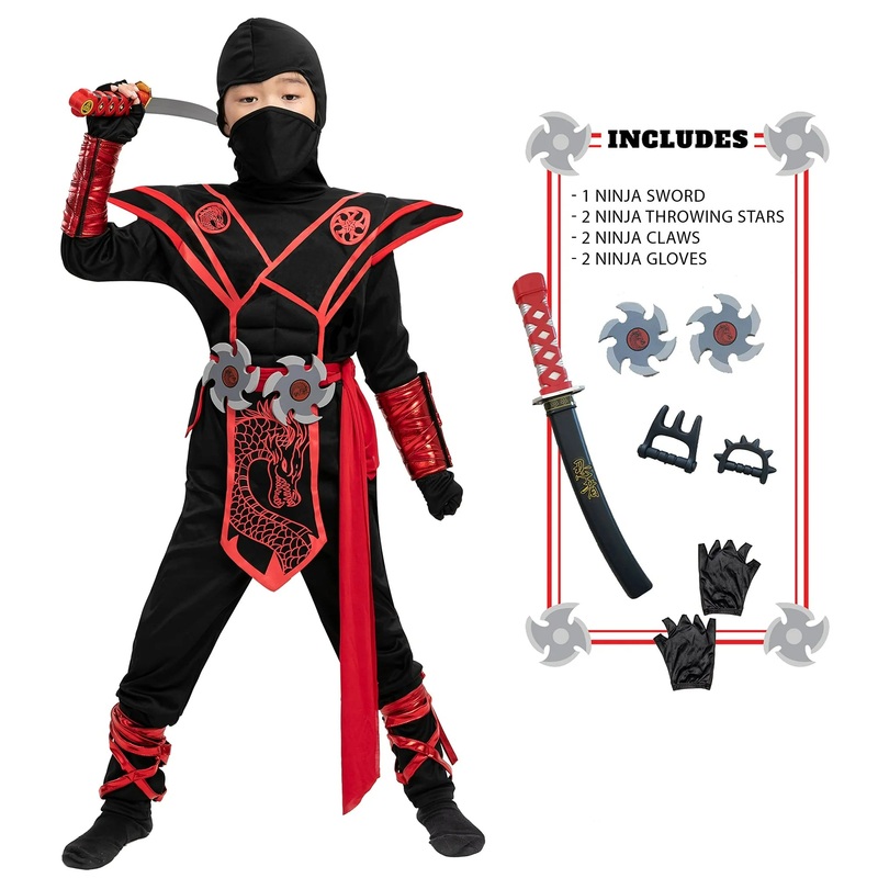 Spooktacular Creations Red Ninja Costume for Kids Halloween Dress Up Party Outfit Set, L