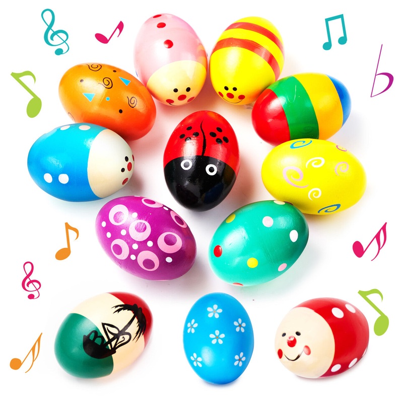 Syncfun 12 pcs 3" Wooden Easter Eggs Shakers Maracas Percussion Musical Toys, Easter Gifts for Kids Toddlers, Easter Basket Stuffers Fillers, Party Favors, Classroom Prize Supplies