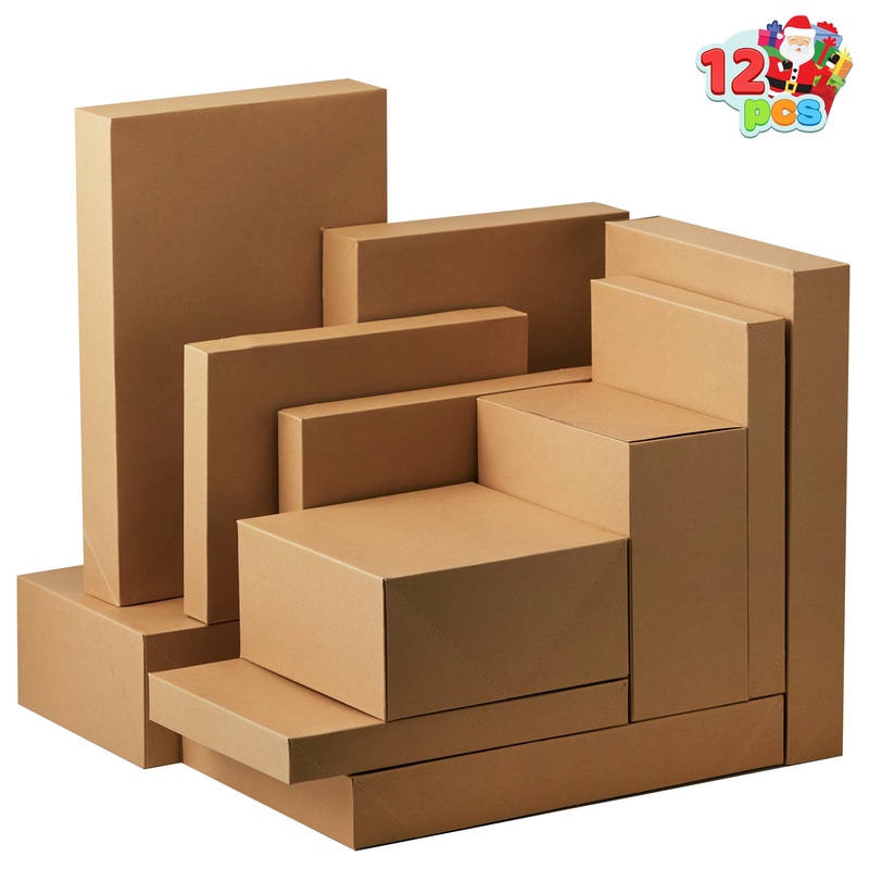 SYNCFUN 12 Pcs Christmas Kraft Gift Boxes with Assorted Sizes (Shirt and Lingerie Boxes) for Xmas Goody Gift Boxes, School Classrooms Party Favors Decoration, Holiday Present Wrap Dcor