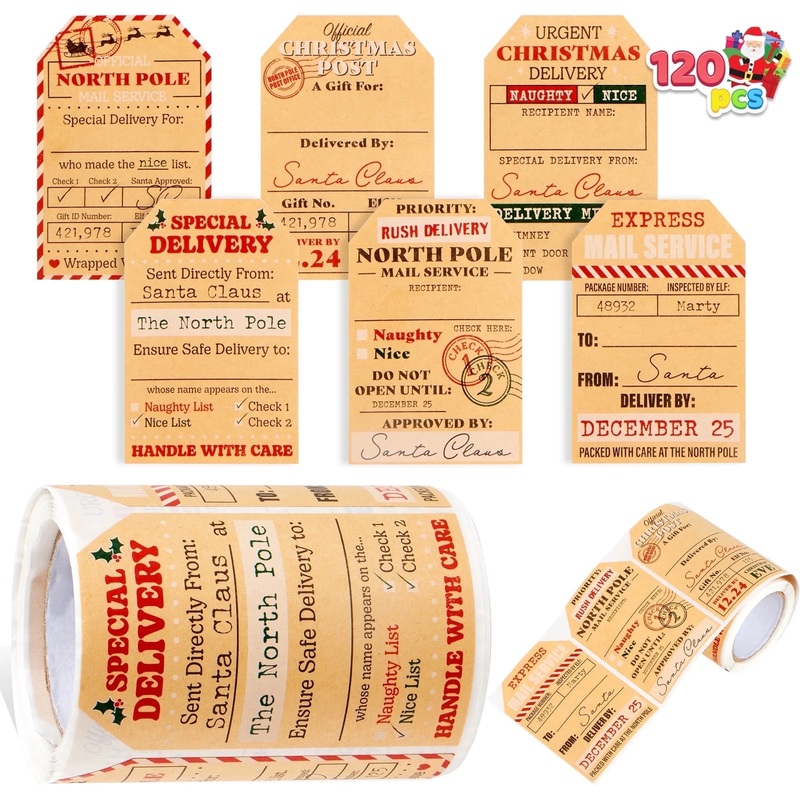 SYNCFUN 120 Pcs Christmas Gift Tags,Santa Labels,Kraft Sticker Roll for Christmas Decoration