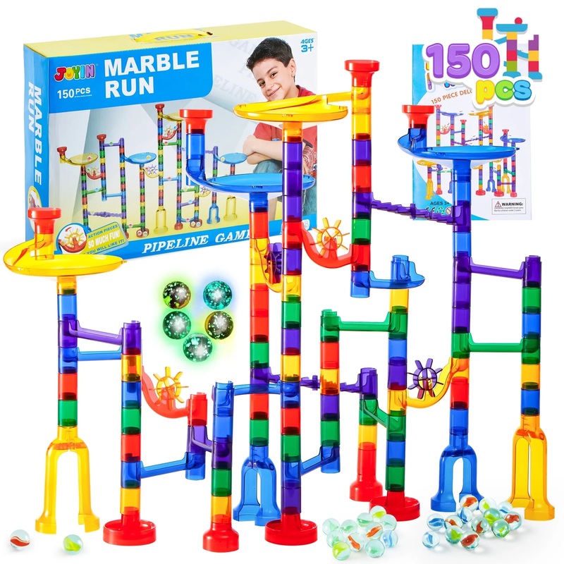 SYNCFUN 150 Pcs Glowing Marble Run, Construction Building Blocks Toys with 5 Glow in The Dark Glass Marbles, Birthday Easter Gift for Boys & Girls