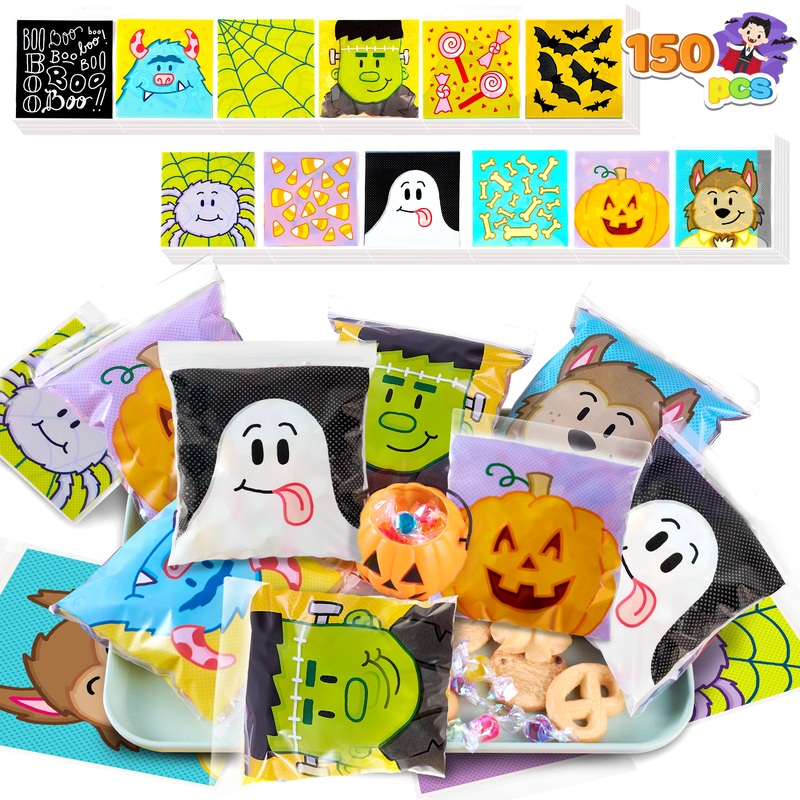 SYNCFUN 150 Pcs Halloween Treat Bags Clear Self Sealing Cellophane Bags Goodie Bags for Snack Cookie Candy,Halloween Gift Trick or Treat Bags,Halloween Party Supplies