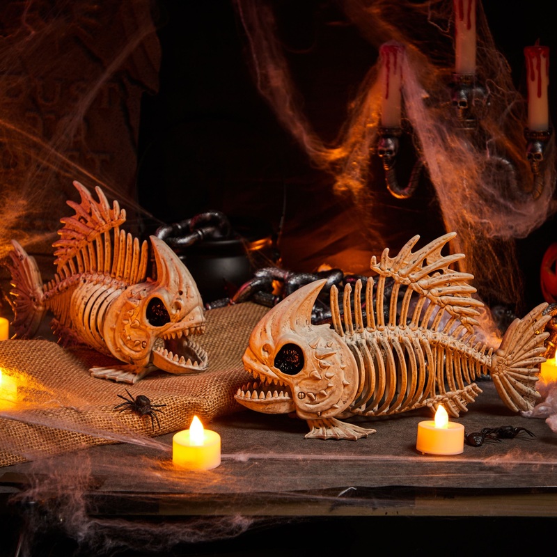 Syncfun 2 Pcs Fish Skeleton Halloween Decoration,9.5 Inch Posable Plastic Animals Halloween Skeleton for Indoor Outdoor Halloween Decorations,Haunted House Party Props