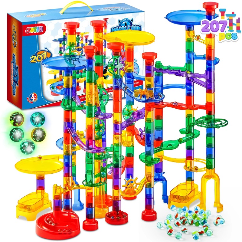 SYNCFUN 207 Pcs Glowing Marble Run, Construction Building Blocks Toys with 5 Glow in The Dark Glass Marbles, Birthday Easter Gift for Boys & Girls