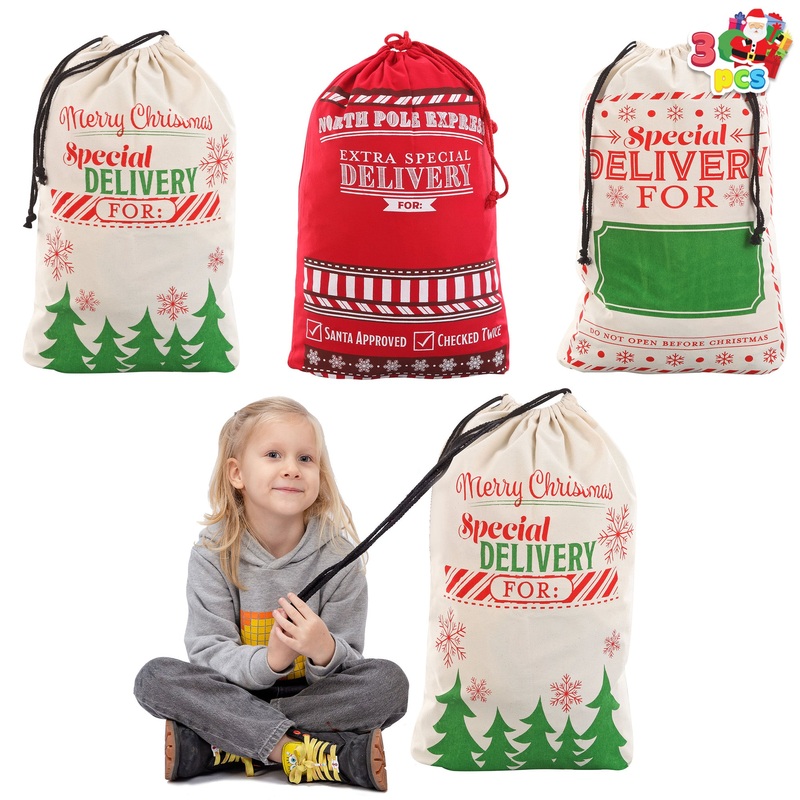 SYNCFUN 3 Pcs Present Bags, Santa Burlap Sack with Drawstring 26" x 19" for Large Xmas Package Storage,Christmas Large Gift Bags