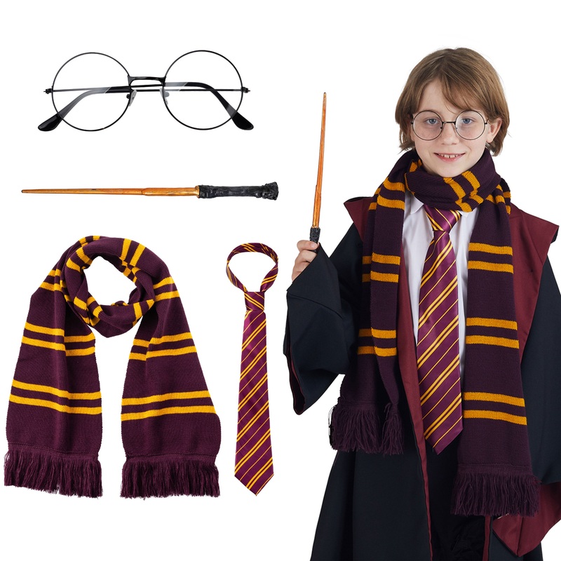 SYNCFUN 4 Pcs Halloween Wizard Costume Accessories Set with Glasses Tie Wand and Scarf,Cosplay Accessories for Kids and Adults Dress Up