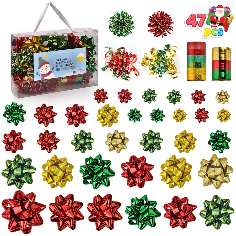 SYNCFUN 47 Pcs Christmas Gift Bows & Gift Ribbons, 34pcs Assorted Size Self Adhesive Gift Bows(Red Gold Green), 2 Curly Bows, 2 Tinsel Bows and 9 Rolls of Curling Ribbons for Present Wrapping