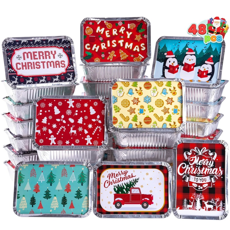 SYNCFUN 48 Pcs Christmas Foil Containers with Lid, Aluminum Foil Pans with Lids, 7"x5"x2" Disposable Foil Pans with Covers, Food Containers Great for Baking, Cooking, Heating, Storing, Prepping Food