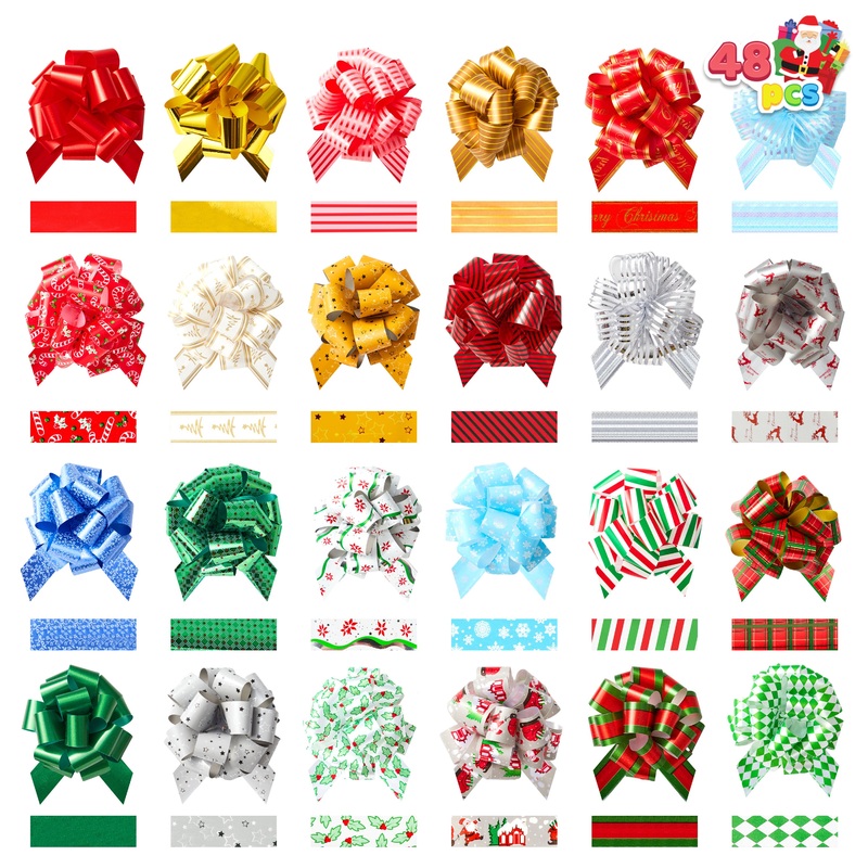 SYNCFUN 48 Pcs Christmas Pull Bows with Ribbon 4.7 Wide Gift Wrapping Accessory for Presents, Bows, Baskets, Wine Bottles Decoration, Gift Wrapping and Decoration Present