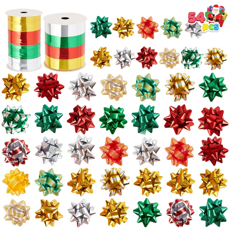 SYNCFUN 54 Pcs Christmas Gift Bows & Gift Ribbons, 46 Multi-Colored Assorted Size Self Adhesive Bows & 8 Rolls of Curling Ribbons for Gifts, Present Wrapping Decoration