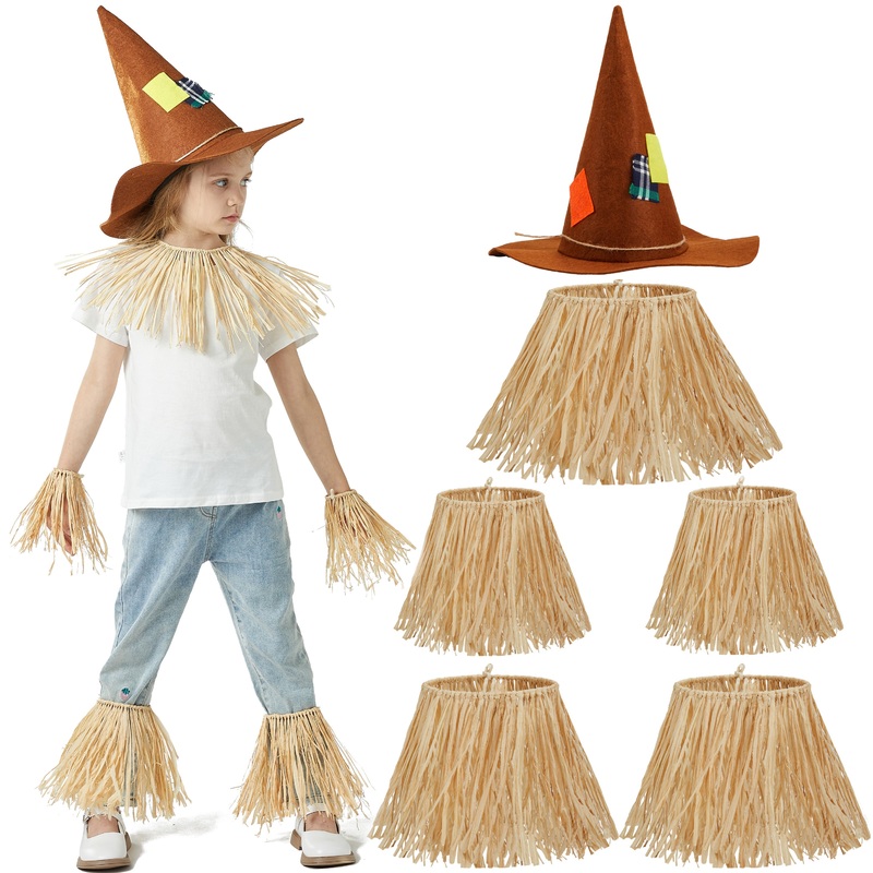 SYNCFUN 6 Pcs Halloween Scarecrow Costume Set,Scarecrow Costume Accessories Decoration with Scarecrow Hat and Scarecrow Skirt Raffia Neck Foot Hand Straws for Party Accessory Halloween Decoration