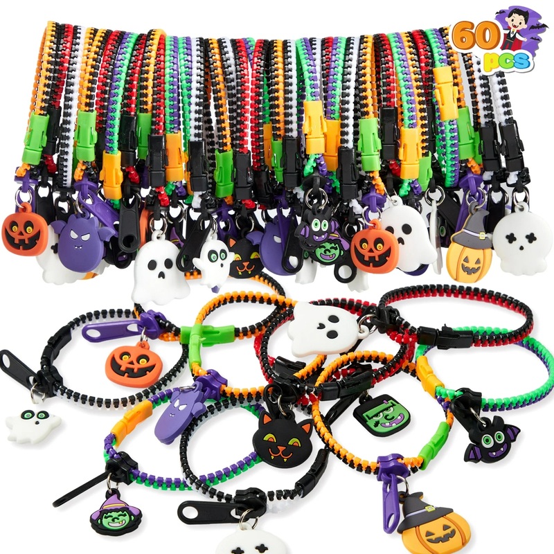 SYNCFUN 60 Pcs Halloween Zipper Bracelets Toys,Halloween Zipper Wristbands Toys Bulk for Party Favors,Halloween Goody Bag Fillers,Halloween Stretchy Toys for Classroom Prizes