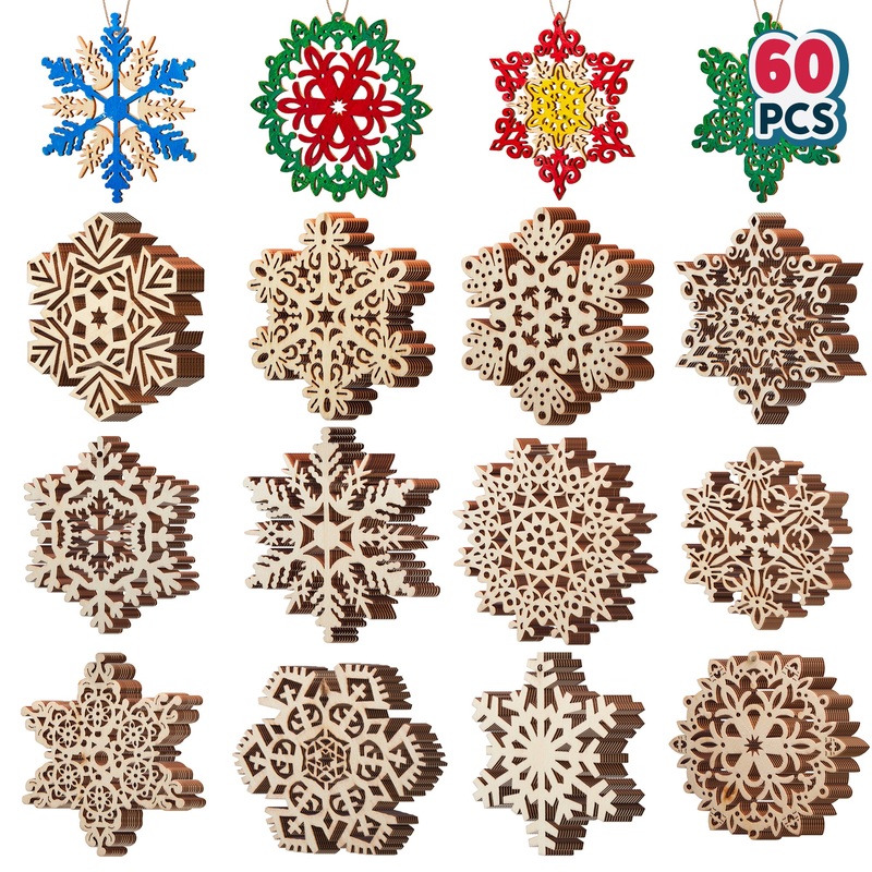 SYNCFUN 60 Pcs Wooden Snowflake Ornaments for Christmas Tree Decoration and Holiday Party Favors