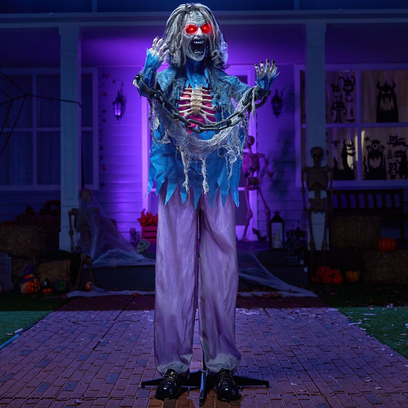 Syncfun 63 Inch Halloween Decor Animated Standing Zombie with Chain,Life Size Zombie with Light-up Eyes Halloween Hanging Decorations Indoor and Outdoor Yard Decorations