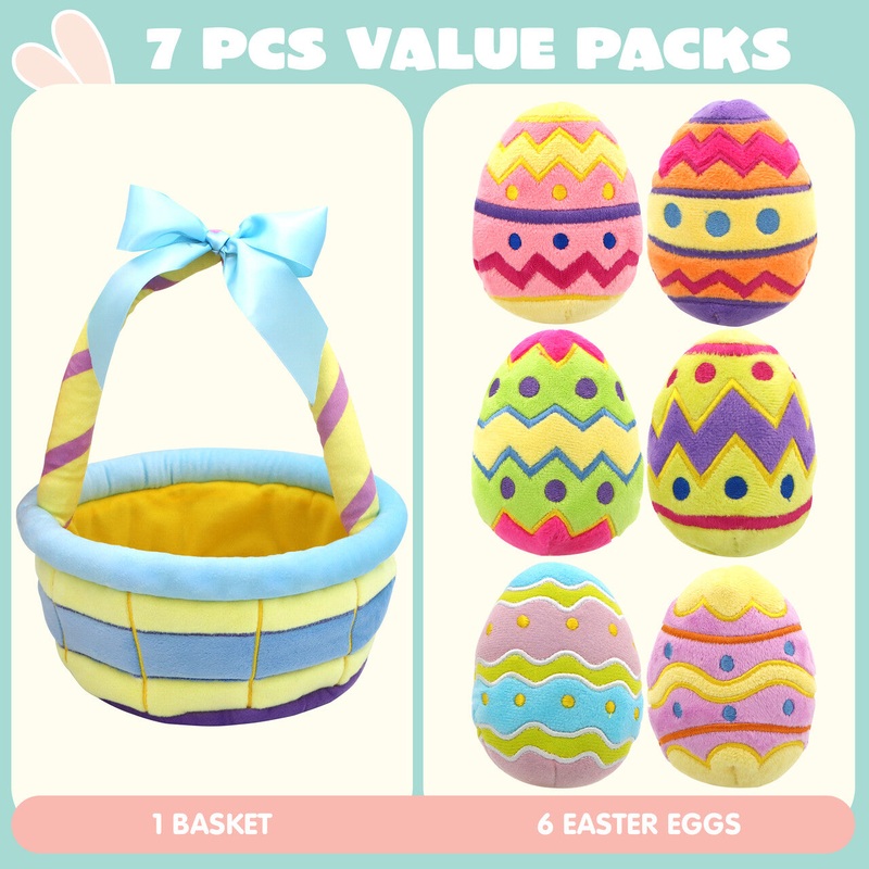 SYNCFUN 7 Pcs Easter Basket,Easter Basket Stuffers for Baby Toddlers Easter Egg Hunt,Easter Basket Fillers Soft Plush Toys for Kids Birthday Gifts