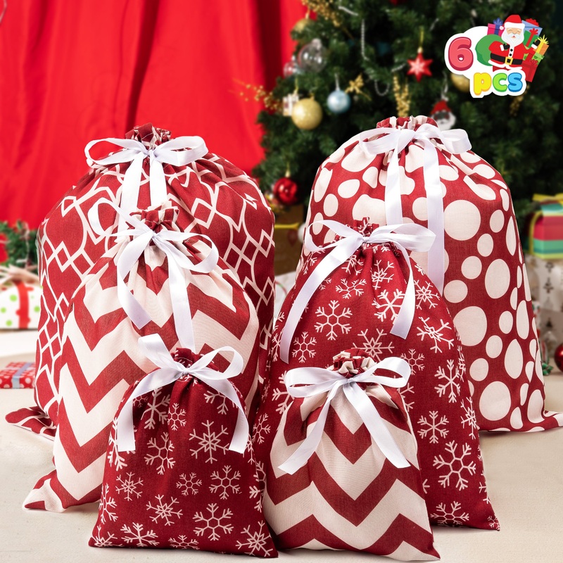 SYNCFUN Christmas Drawstring Gift Bags, 6Pcs Santa Sack Large Medium Small Sized Gift Wrapping Bag Set Xmas Party Supply Giant Gifts Decorations