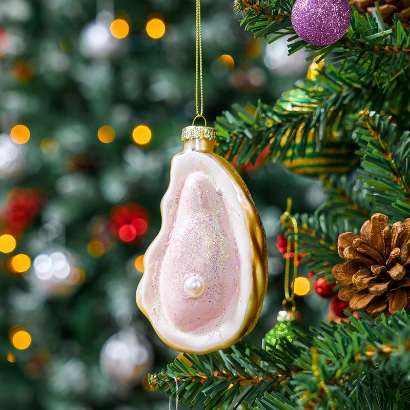 SYNCFUN Christmas Oyster with Pearl Glass Ornament, Beach Shells Glass Blown Ornament for Christmas Tree Decoration, Sea Ornament for Xmas Gift Holiday Party Favor Indoor Decoration