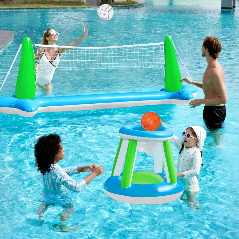 Syncfun Inflatable Pool Float Game Set with Inflatable Volleyball Net & Basketball Hoops, Summer Pool Game for Kids and Adults - Green