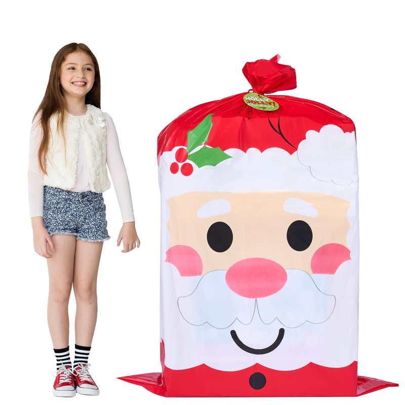 SYNCFUN Jumbo Christmas Santa Gift Bag Plastic Xmas Gift Wrapping Bag 56x36 for Gift Giving, Holiday Presents, Giant Gifts Decorations, Festive Surprises