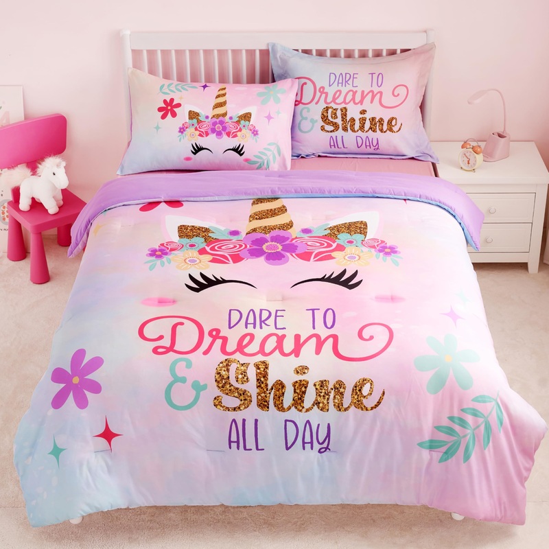 SYNCFUN Kids Twin Sheet Set 5pcs Unicorn Bedding Set, Super Soft Microfiber Bed in a Bag with Comforter, Sheets, Pillowcase & Sham