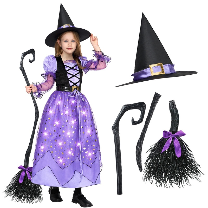 Syncfun Light Up Witch Costume Set for Girls, Starry Witch Dress with Broom Belt Hat for Kids and Toddlers, Perfect for Halloween Party Dress-Up Cosplay (5-12 Years)