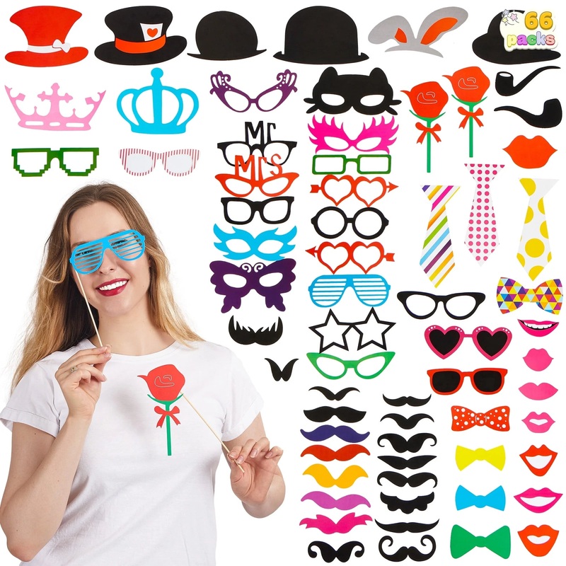 SYNCFUN Themed Photo Booth Props Durable Party Favor with Glue Sheets and Wooden Sticks, 66 Pack