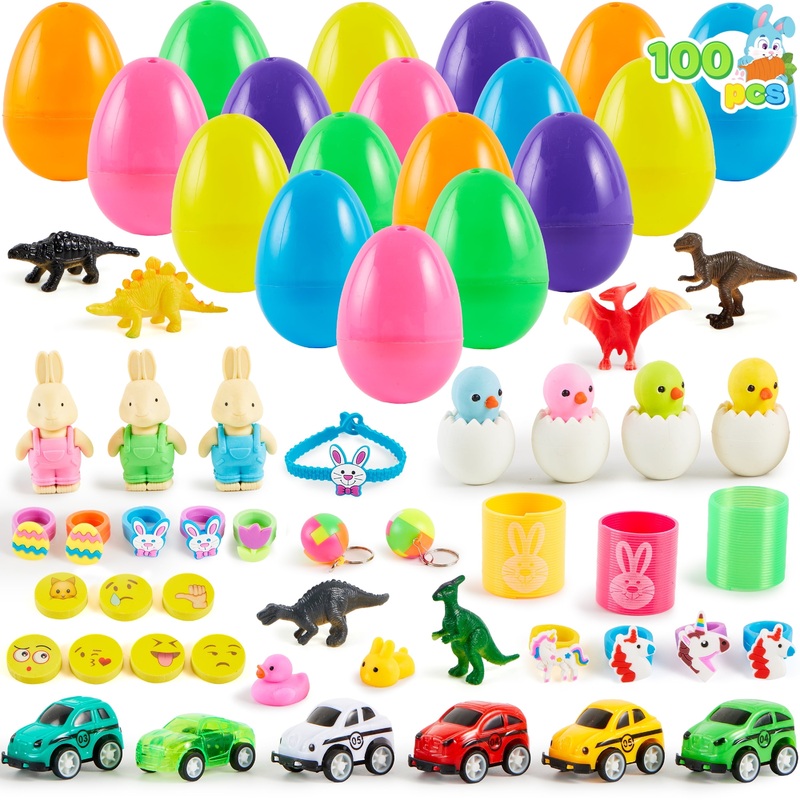 100 Pcs Toys Bulk Stuffed Easter Eggs with Easter Stickers and Toys Inside for Easter Hunts Basket Stuffers Easter Party Favor Surprise Gifts
