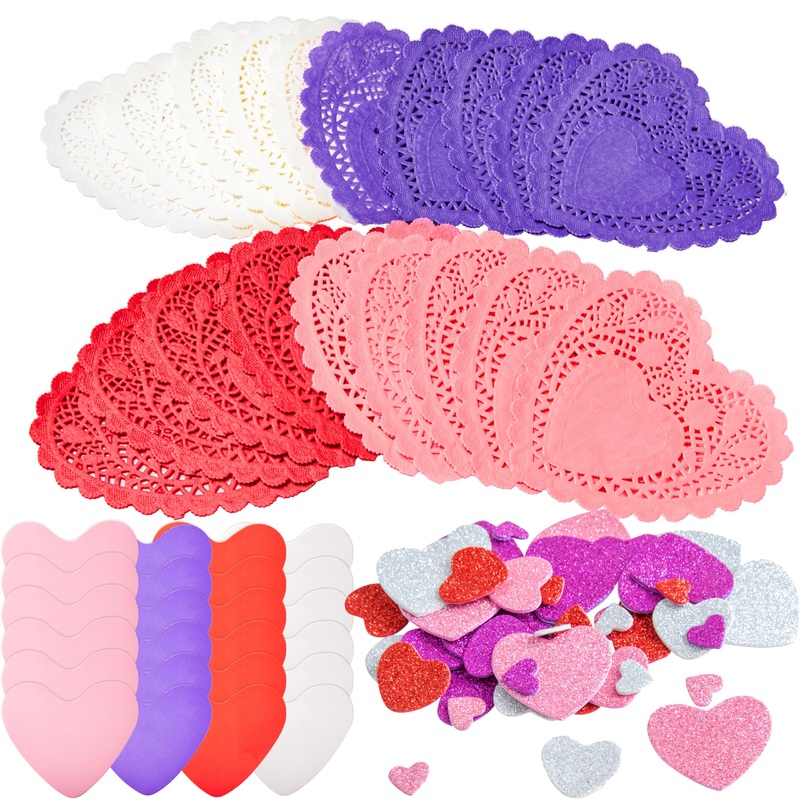126+ Pcs Valentines Day Craft Gift Set with 100 Heart Doilies, 24 Pcs Foam Hearts & 2 Bags of Foam Heart Stickers for Kids, Tableware Decoration, Home Activitie, Kitchen Disposable Table Doilies