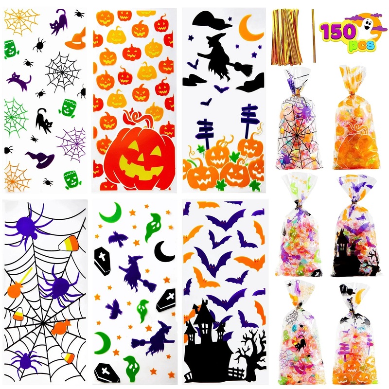 150 Pcs Halloween Treat Bags Clear Cellophane Bags with Twist Ties,Goodie Bags for Snack Cookie Candy,Halloween Gift Trick or Treat Bags,Halloween Party Supplies