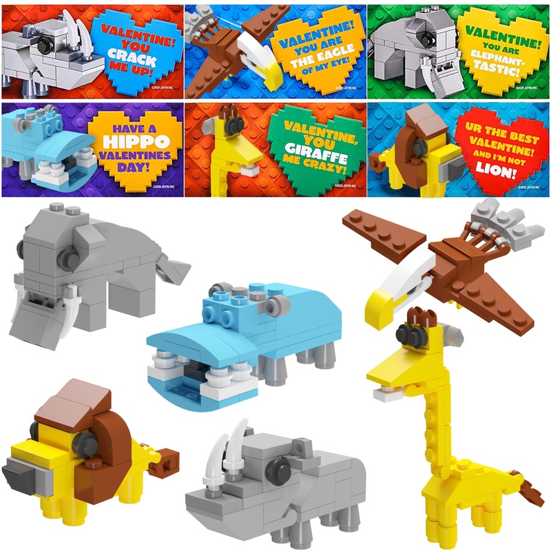 24 Packs Valentines Day Cards with Safari Animal Building Blocks for Valentine Party Favor, Classroom Exchange Prize, Valentines Greeting Cards
