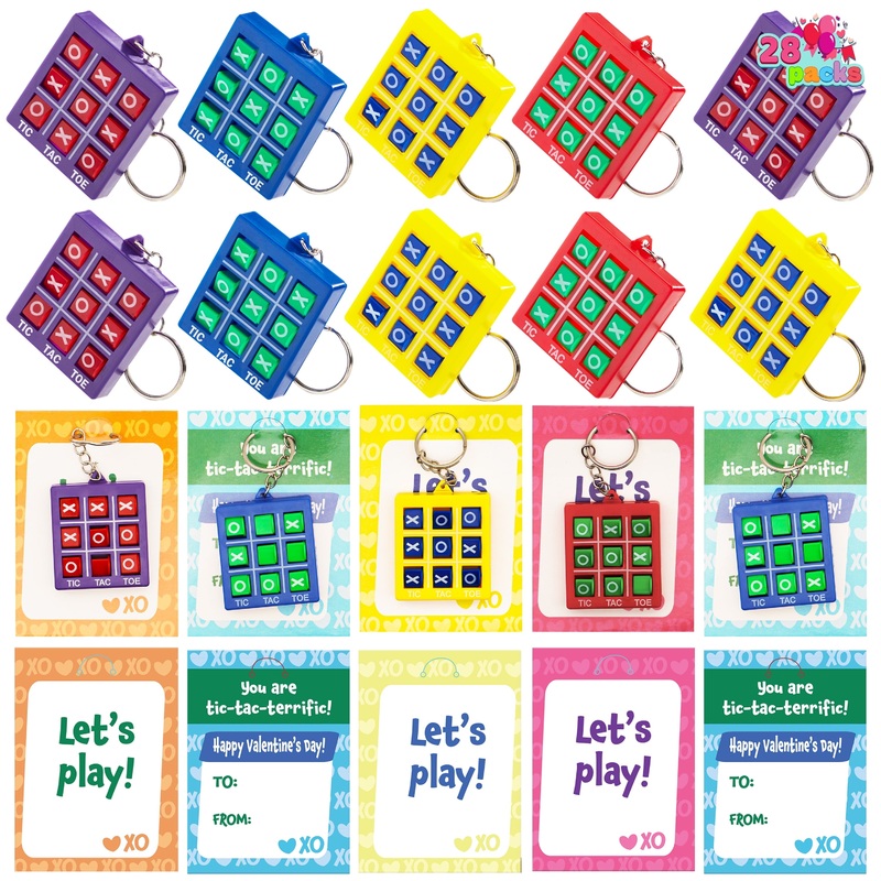 28 Packs Valentine's Day Cards with Tic-Tac-Toe Keychain, Valentines Days Keychain Set for Kids Party Favor, Classroom Exchange Prizes, Valentines Greeting Cards
