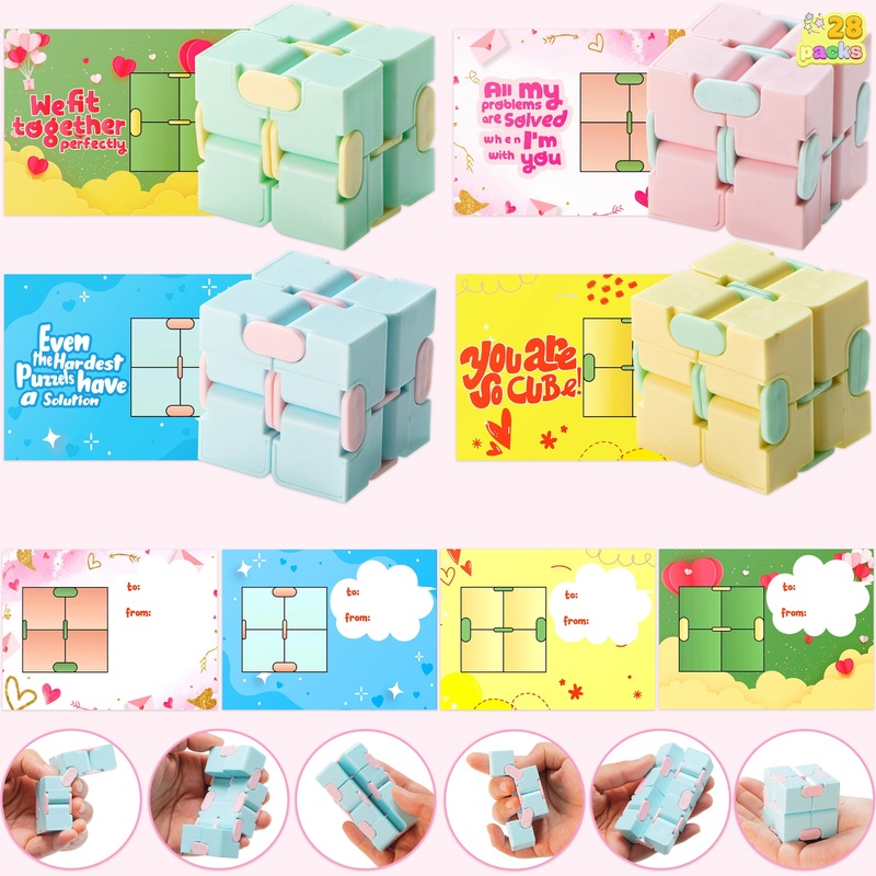 28 Packs Valentines Cards with Fidget Cube for Kids, Snake Cube Fidget Puzzles s for Kids Valentines Class Exchange Cards