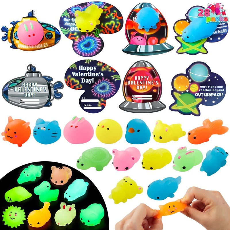 28 Packs Valentines Day Gift Cards with Mochis, Glow in The Dark Mochi squishy toys, Stress Relief Fidget Toys for Kids Valentine's Classroom Exchange, Party Favors, School Prizes