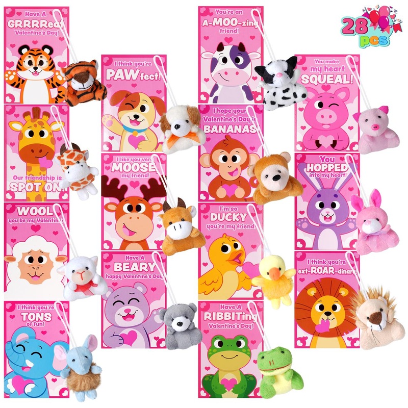 28 Pieces Valentine's Day Mini Stuffed Animals with Matching Bands