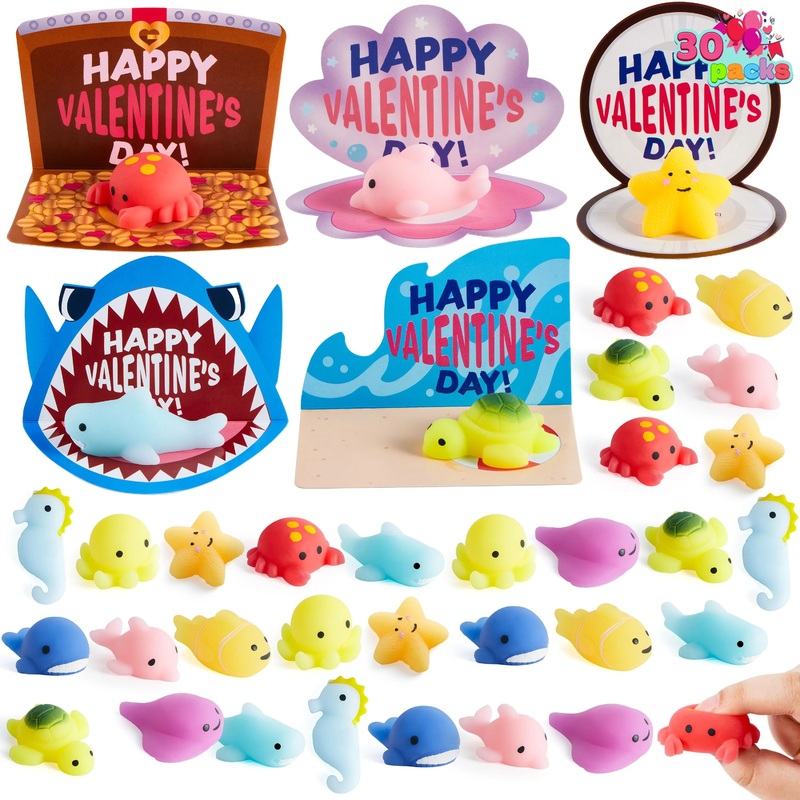 30 Packs Valentine Day Gift Cards with Mochi Squishy Toys, Stress Relief Fidget Toys, Kawaii Mochi Squeezes for Kids Holiday Party Favor, Gift Goodie Bag Filler, Classroom Exchange Prizes