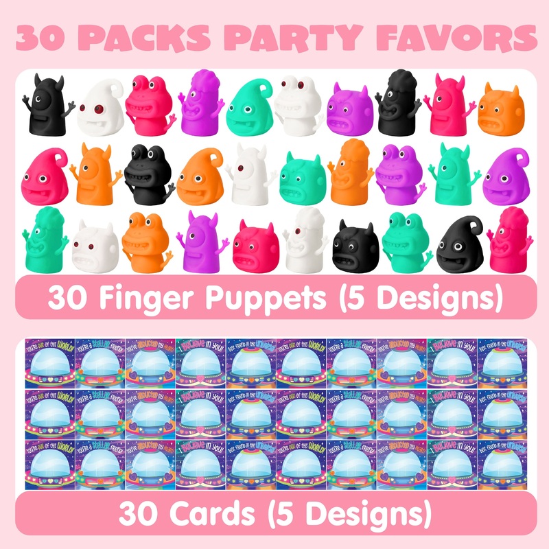 30 Packs Valentine's Day Finger Puppets with Cards, Classroom Exchange Gift for Kids, Valentine's Party Favors, Holiday Reward Prizes