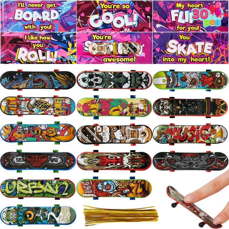 30 Packs Valentines Day Cards with Finger Skateboards for Kids Boys, Valentines School Classroom Exchange Gifts for Ages 6 and up