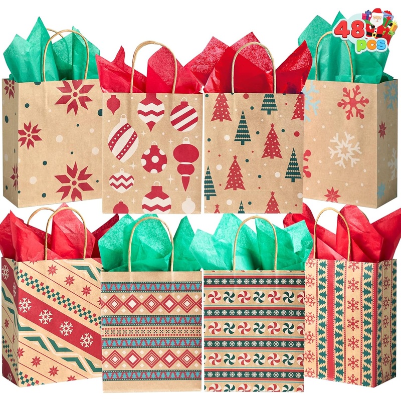 48 PCS present Bags, Kraft Bags with Handle Christmas Characters for Christmas Party Favors, Gift Giving, Holidays Decorations, Xmas Treat Bags
